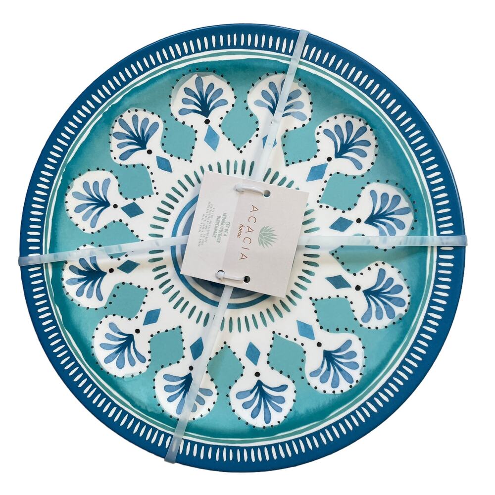 ACADIA HOME Melamine 10.5" Dinner Plates Set 4 Blue Teal White Iznik Print NEW - Picture 7 of 8